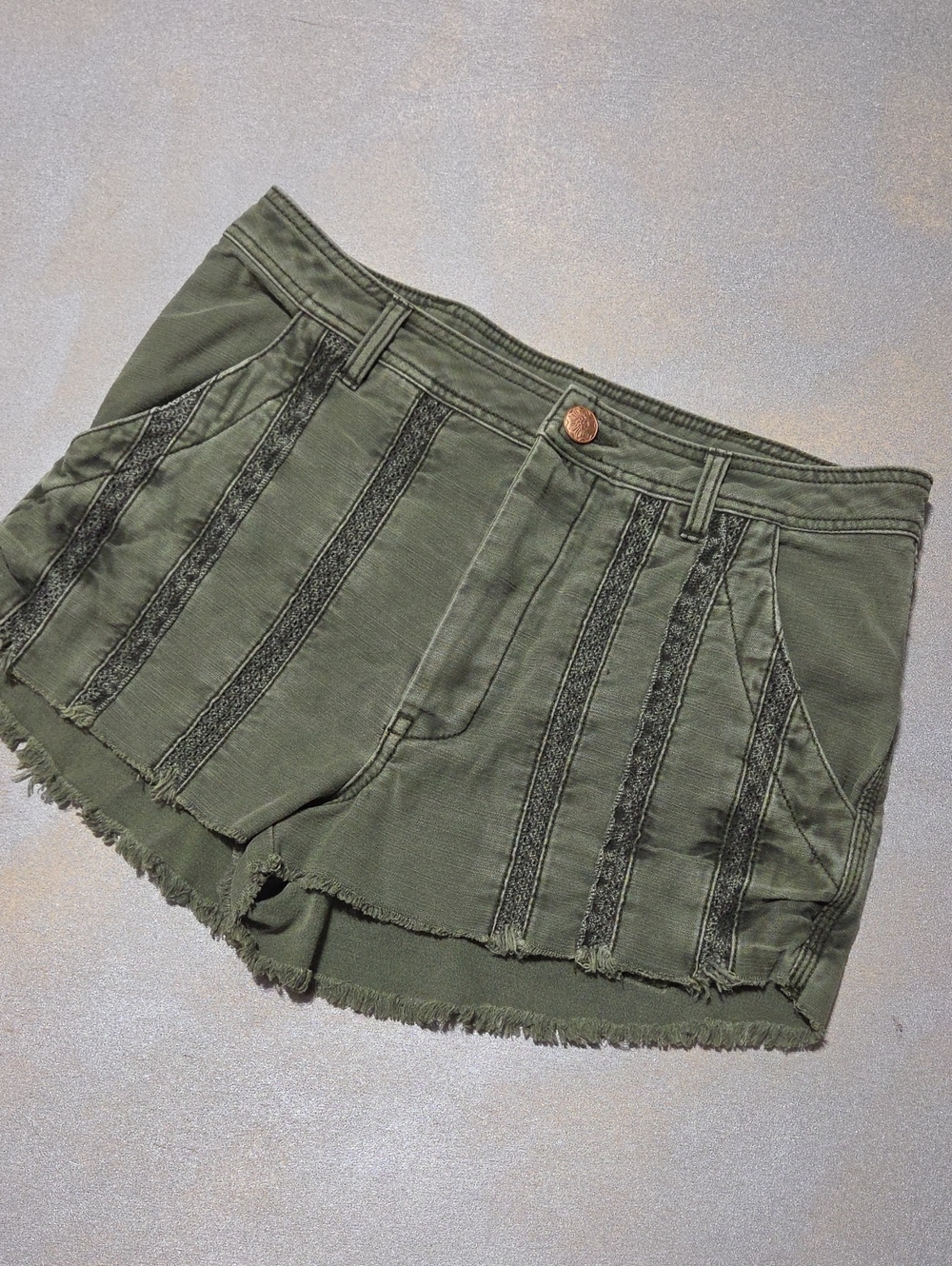 Free People Olive Green Frayed-Trim Panel Denim Shorts